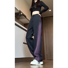 现货黑紫色拼接宽松阔腿直筒撞色休闲牛仔裤男女K5820-P50控78，男装牛仔裤，星座205