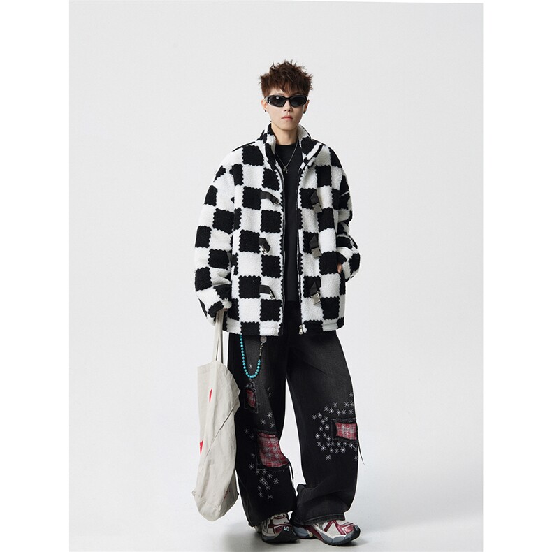 羊羔毛格子外套大码M-5XL加棉聚酯纤维棉衣YG78159P105控149，男装棉衣，星座227-7