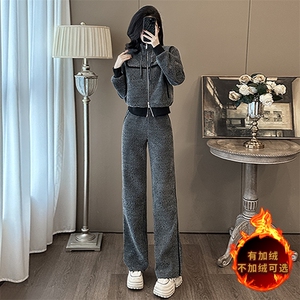 女秋冬加绒拼接短款外套直筒裤两件套图片