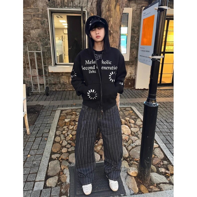 美式复古连帽卫衣男女同款字母印花情侣开衫外套宽松图片