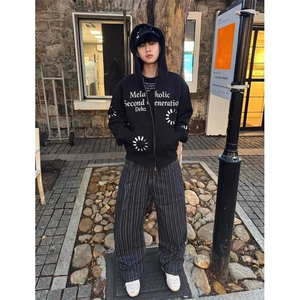 美式复古连帽卫衣男女同款字母印花情侣开衫外套宽松图片