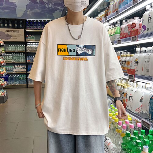 港风宽松大码火影卡卡西运动潮流短袖纯棉T恤男装打底衫T53-P22图片