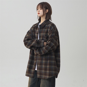 现货潮流复毛呢古格子大码宽松翻领长袖衬衫 225-2-CS711-P58图片
