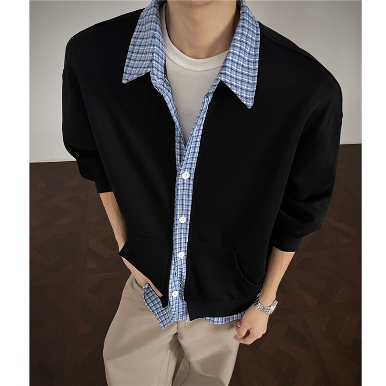 春装新品假两件男女情侣拼接格子休闲卫衣上衣外套H1129特P48,女装短外套,电商A341