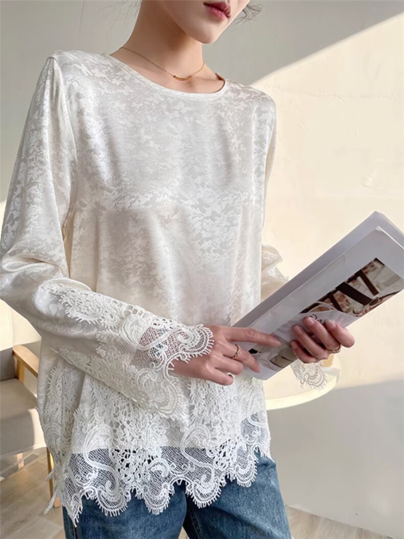 2025简约圆领蝴蝶蕾丝缎面打底,女装T恤,湘姗