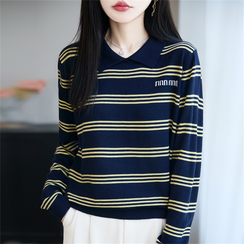 翻领针织上衣休闲条纹长袖t恤秋冬女装2025新款早秋薄精仿毛衣,针织衫/毛衣,郡淞羊绒