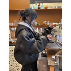 现货高品质美式高街冬季重磅座山雕大毛毛领pu皮棉衣男女加厚外套，男装皮衣，电商A486