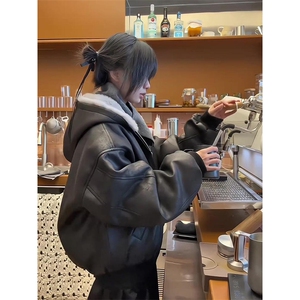 现货高品质美式高街冬季重磅座山雕大毛毛领pu皮棉衣男女加厚外套图片