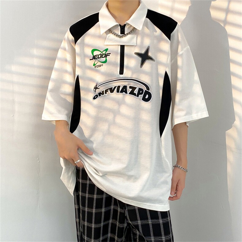 夏季ins潮流宽松百搭潮牌半袖港风翻领polo衫男短袖T1147-P32,男装T恤,星座512-2