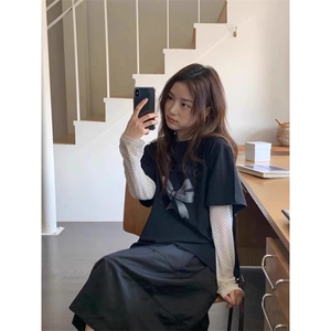 T0711-P25 甜美减龄蝴蝶结印花纯棉短袖 学院风学生宽松上衣图片