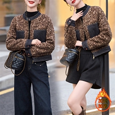 高端欧货冬季加绒小众设计感复古豹纹圆领拉链夹克外套上衣短款女，女装羊羔毛/颗粒绒，江南女神