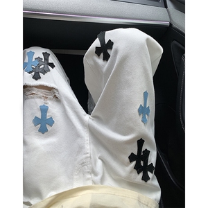 美式直筒牛仔裤2026春季新款皮标刺绣十字架炸街拖地阔腿长裤子,男装皮裤,星座601-1