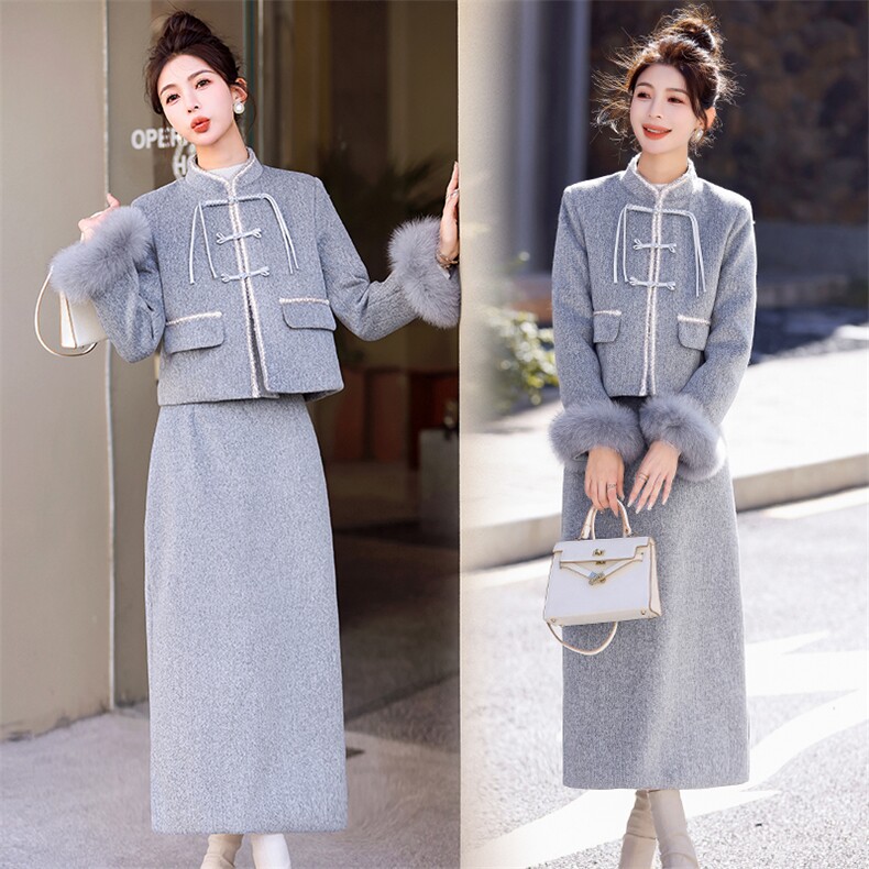 【新中式现货】2024新款冬小香白鸭绒羽绒气质套装袖毛真毛可脱卸，女装羽绒服，丽美静依