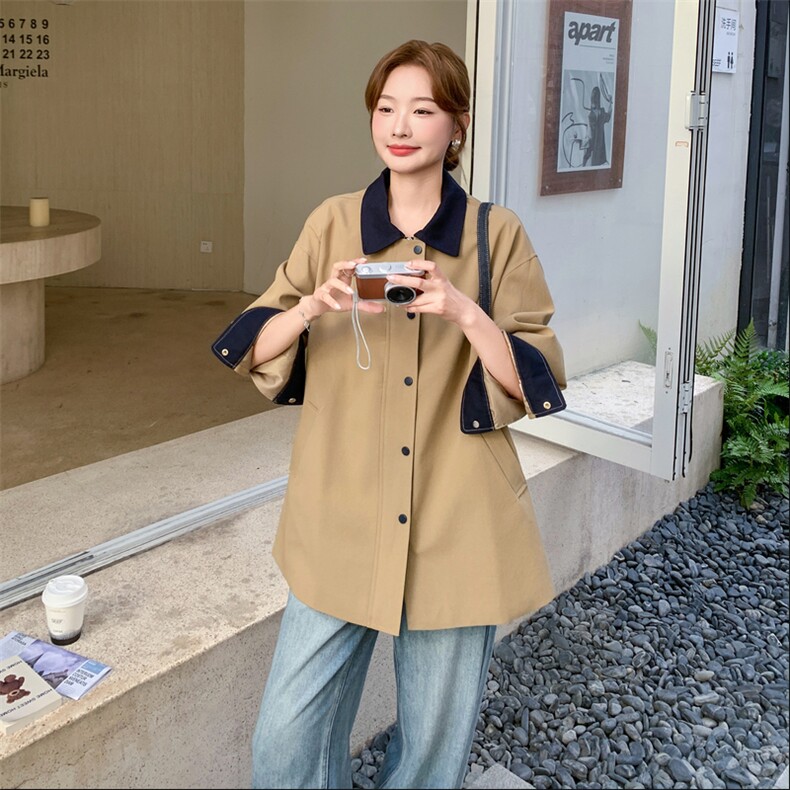 设计感撞色拼接卡其色风衣外套女春秋2025新款爆款高级感显瘦大衣,女装风衣,1D103