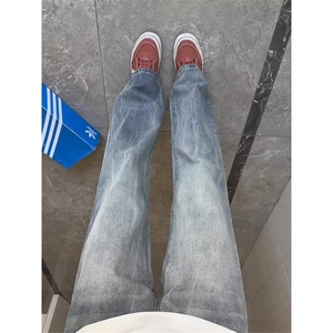 闪电竹节纹牛仔裤男款秋春季cleanfit裤子美式高街复古直筒工装裤图片