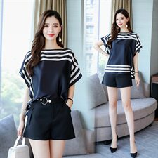 套装/套裙2021年夏季圆领短袖韩版优雅时尚拼接条纹，女装蕾丝衫/雪纺衫，曼娅璐