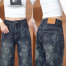 满印提花牛仔裤男秋季美式高街vibe直筒宽松阔腿潮牌痞帅炸街裤子，女装牛仔裤，星座218-8