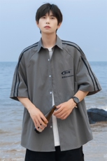 港风24夏款时尚印花织带拼接短袖衬衫TPS62601P35控58，男装衬衫，电商A268A