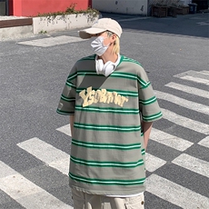 B239-1269-P48横条纹美式复古字母印花夏季重磅落肩袖短袖t恤，男装T恤，星座514-2(原B239)