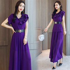 2022年夏季韩版时尚不规则花边拼接上衣+显高阔腿裤两件套，女装套装/套裙，火爆靓佳人