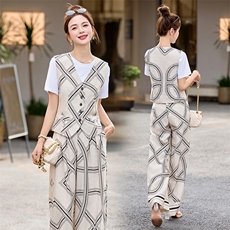 复古印花棉麻套装女夏2025新款洋气无袖马甲短袖T恤阔腿裤三件套，女装套装/套裙，布芭啦