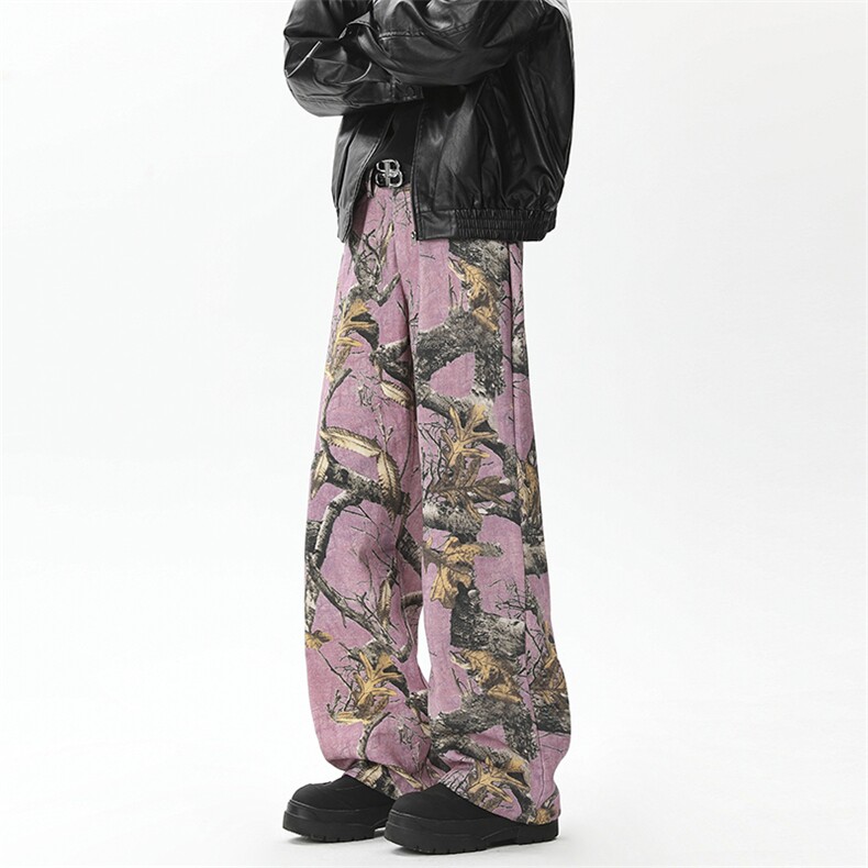 新款美式重磅小众风军布粉色裤子树枝落叶休闲牛仔长裤N8019-P50,男装休闲裤,星座308B-2