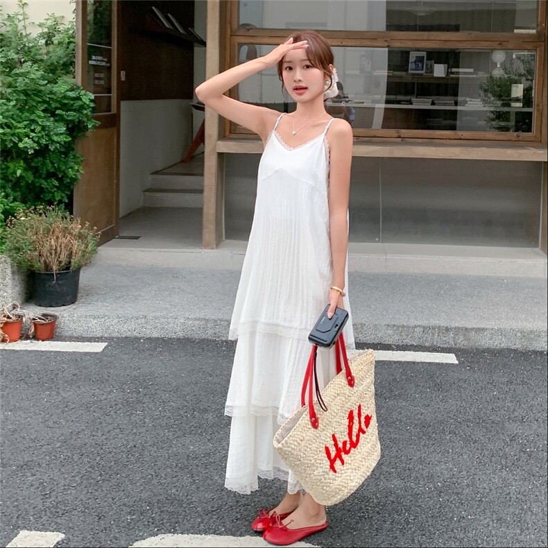 白色甜美蕾丝花边吊带裙女2025新款夏季法式淡人绝美温柔风蛋糕裙,女装连衣裙,2C239
