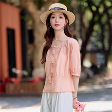 【ShawEleven】2025夏法式圆领上衣风琴褶皱设计感五分袖黄色衬衫，女装衬衫，依路服饰