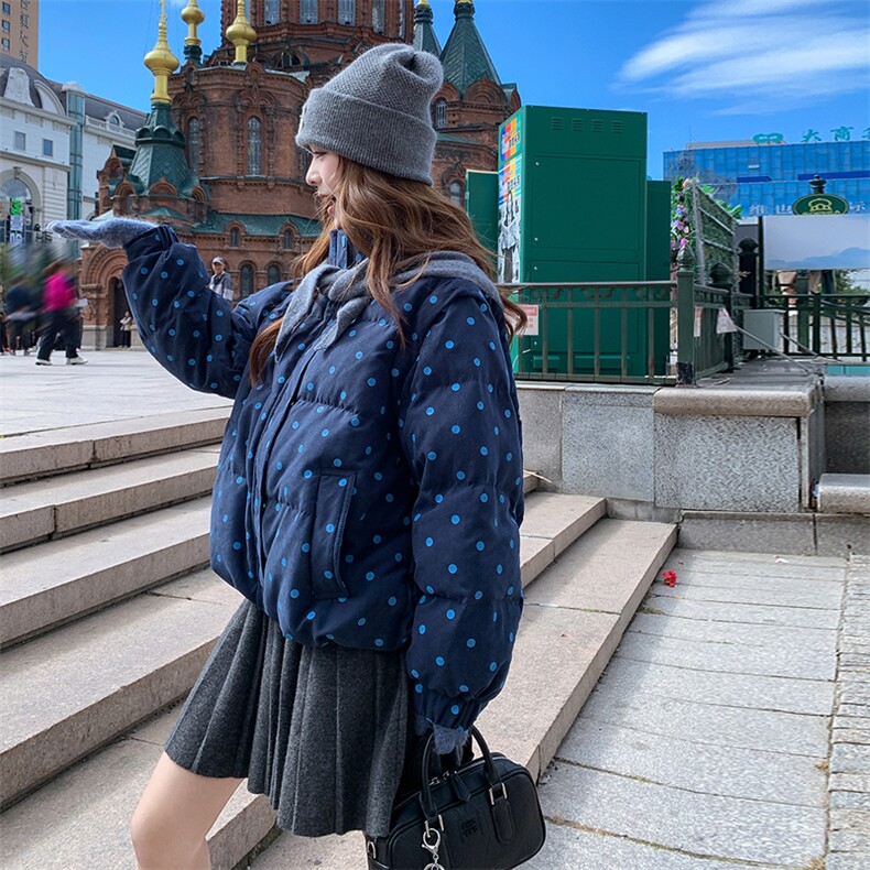 藏青色波点披肩立领白鸭绒羽绒服女冬新款小个子加厚减龄短款外套,女装羽绒服,2C321