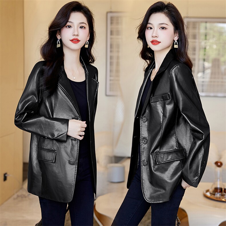 PU皮修身西服外套新款皮衣女植鞣油蜡皮做旧复古皮夹克,女装皮衣,江南女神