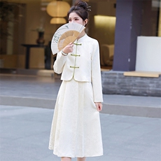 新中式国风套装女春秋新款高端时尚复古盘扣立领文艺范两件套裙子，女装套装/套裙，罗腾