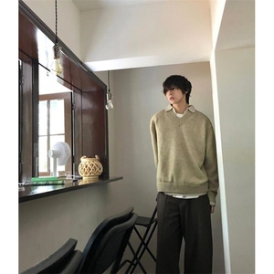 青少年ins潮V领燕麦色假两件拼接针织衫毛衣男款冬季纯色 MB176图片