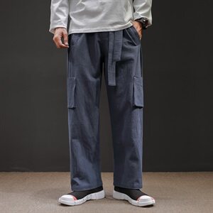 DK89* 2021春秋国风男休闲裤国潮棉麻长裤大码飘带裤 酒红 *P75图片
