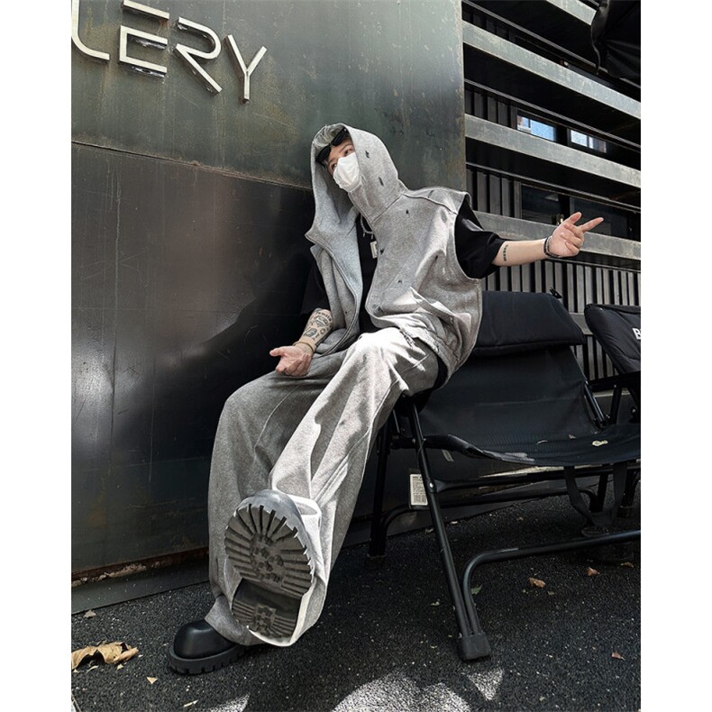 现货！24秋手工喷绘废土风设计背心马甲套装TZ12-衣服p88裤子p68，男装背心/马甲，电商B288