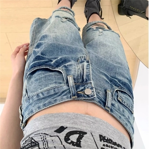 破洞五分牛仔裤女夏季新款高腰复古美式大码宽松中裤子潮AA47-P40图片