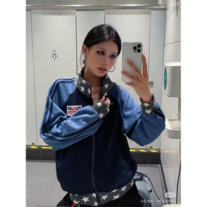 爆爆糖美式复古星星立领卫衣外套运动开衫男女秋拼接撞色宽松上衣图片