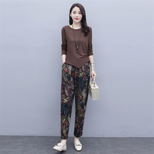 2025春装休闲套头针织长袖花色修身长裤套装套裤，女装套装/套裙，施恩睿棋