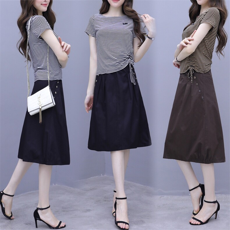 时尚套裙套装女韩版2025新款夏季条纹修身显瘦洋气减龄休闲两件套，女装套装/套裙，星宇服饰