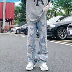 乞丐破洞高腰牛仔裤女夏季宽松直筒阔腿长裤潮牌薄款BK75-P68，男装牛仔裤，星座1109-3