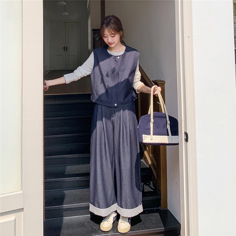 时尚复古设计感牛仔马甲套装女2025春夏新款韩版休闲阔腿裤两件套,女装套装/套裙,秋水欣儿