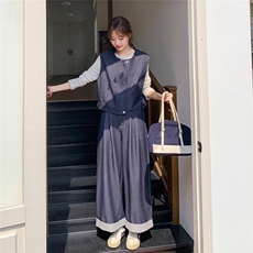 时尚复古设计感牛仔马甲套装女2025春夏新款韩版休闲阔腿裤两件套，女装套装/套裙，秋水欣儿
