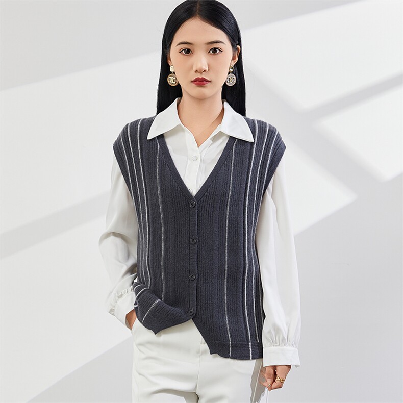 时尚百搭V领条纹羊绒马甲优雅气质休闲风女装背心,女装羊绒衫,美够羊绒