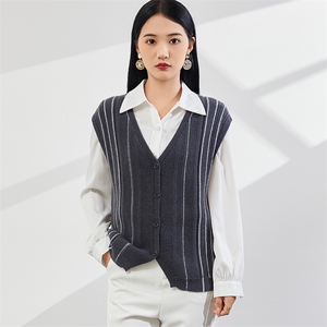 时尚百搭V领条纹羊绒马甲 优雅气质休闲风女装背心图片
