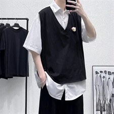 夏季短袖衬衫潮流帅气休闲衬衫假两件小熊衬衣CS03P40，男装衬衫，星座1116-2