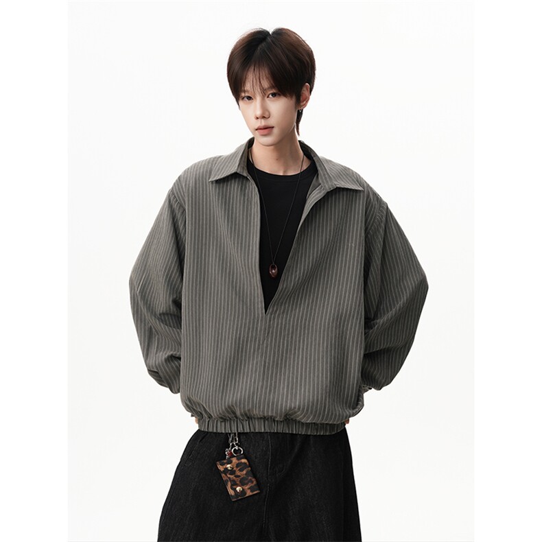 宽松廓形个性上衣日系cityboy灰竖纹经典翻领衬衫HY921TP48控88图片
