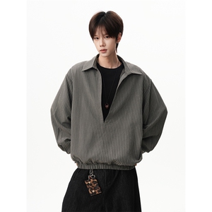 宽松廓形个性上衣日系cityboy灰竖纹经典翻领衬衫HY921TP48控88图片