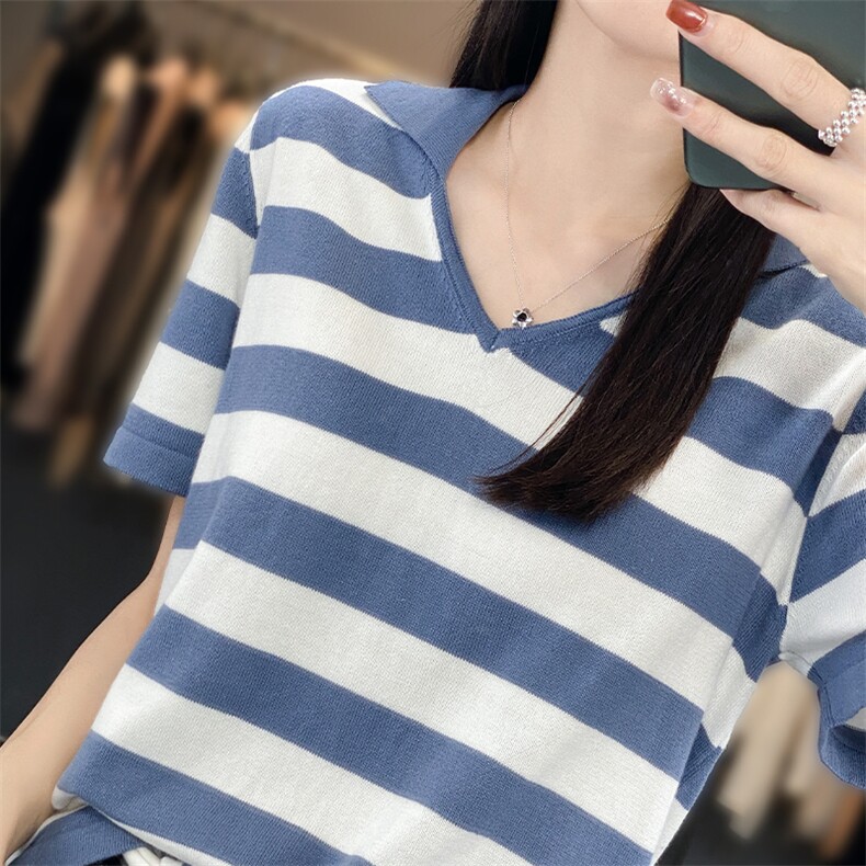 Polo领拼色针织短袖女24夏新款100%纯棉薄款宽松显瘦t恤半袖上衣,针织衫/毛衣,郡淞羊绒