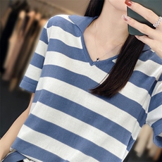 Polo领拼色针织短袖女24夏新款100%纯棉薄款宽松显瘦t恤半袖上衣，女装针织衫/毛衣，郡淞羊绒