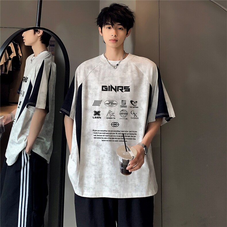 夏季新款圆领百搭潮牌男款时尚撞色拼接吊染短袖T恤上衣T145-P35图片