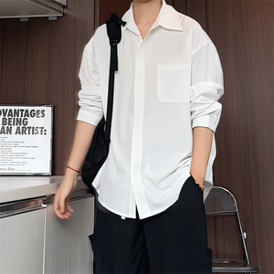C9090/P40新款长袖衬衫男简约纯色大码休闲痞帅衬衣百搭上衣图片